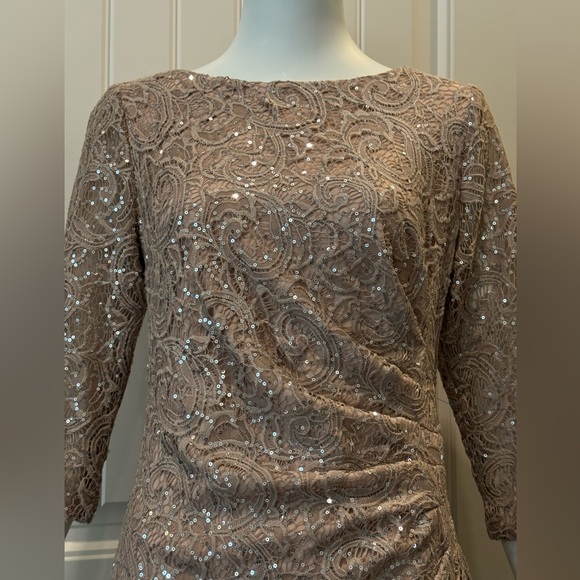 Alex Evenings Long Sequin Lace Evening Gown Pink Champagne Taupe Beige – Size 8 - Picture 6 of 12